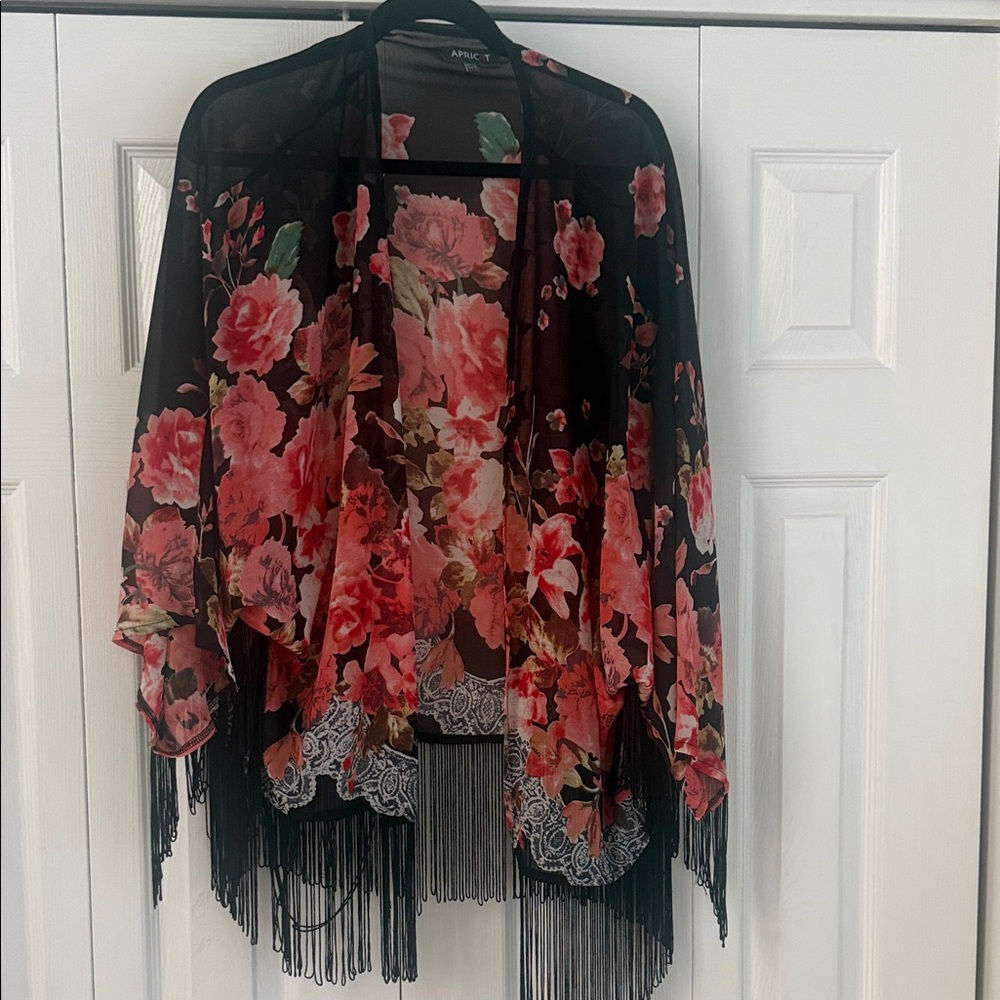 Black Floral Fringe Kimono Jacket with Pink Roses by